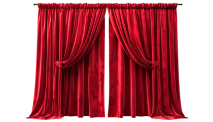 Elegant red velvet theater curtains tied back on a transparent background for a classic stage