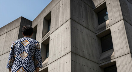 Person wearing a patterned kimono looking at brutalist concrete architecture under a bright blue sky