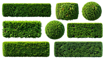Collection of perfectly shaped garden topiary bushes in various geometric forms