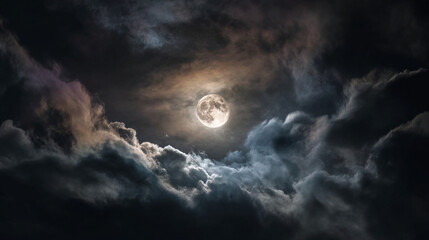 A full moon shining brightly through the dark and dramatic clouds in the night sky view