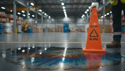 A caution cone marks an oil spill on a warehouse floor, highlighting safety concerns in industrial environments.