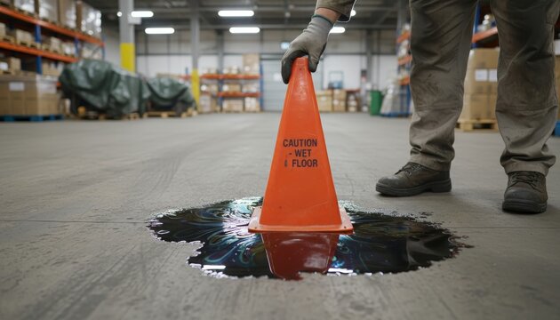 A worker places a caution cone near a wet floor in a warehouse, ensuring safety by alerting others to the potential slip hazard.