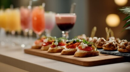 A vibrant selection of tapas sits on a wooden board, featuring fresh toppings. Colorful drinks in elegant glasses create a festive atmosphere, perfect for an evening of fun and flavor