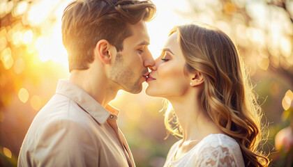 A warm, romantic World Kissing Day scene. Couple kiss in soft natural light. Subtle bokeh background, warm tones, and a dreamy atmosphere.