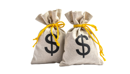 Two classic burlap money bags with dollar signs and yellow ties, isolated on a clean white background