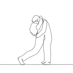 man and a woman kissing in a cute pose - one line vector art. A man holds and kisses a woman hanging on his neck