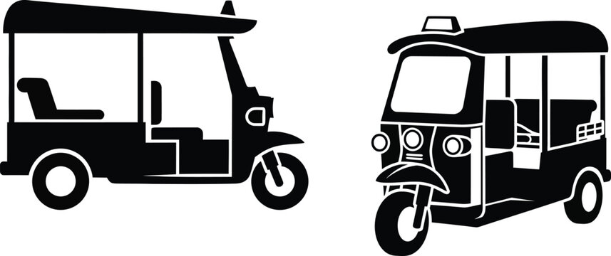 Two black and white tuk tuks illustration of thailand transportation