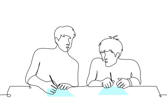 Young male students taking a test, appearing unsure, holding pens over blank sheets, and glancing at their classmate's answers - one line vector art