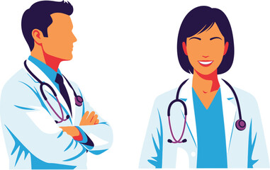 Fototapeta premium Male and female doctors in white coats with stethoscopes illustration