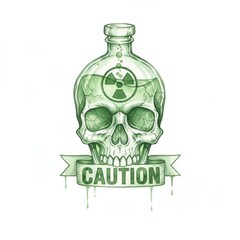 A stylized green skull with a bottle labeled "Caution" and a radioactive symbol, conveying a warning about danger or toxicity.