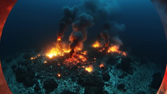 Underwater scene depicts volcanic vents spewing dark smoke with red-topped hydrothermal vent creatures