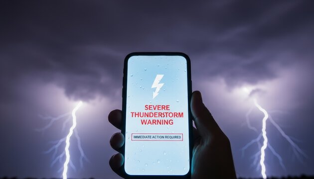 A person holds a phone displaying a severe thunderstorm warning amidst a dramatic lightning storm in the background.