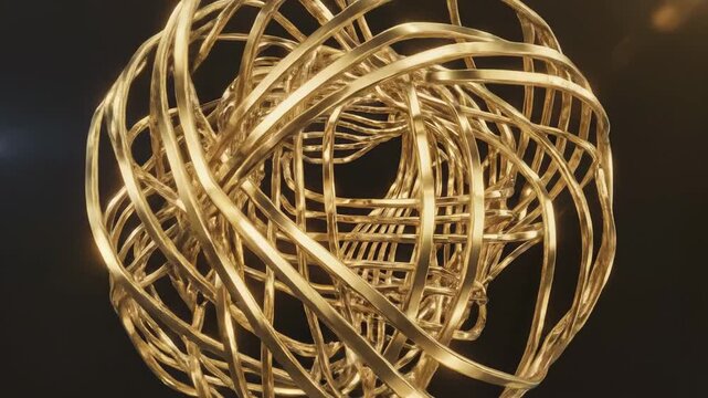 Golden ball of tangled wire on an isolated black background
