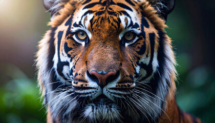 Fototapeta premium World Wildlife Day scene, global biodiversity a majestic wild animal tiger in its natural habitat, lush greenery, warm natural light. Nature protection, beauty of wildlife.