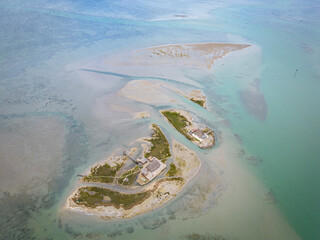 aerial view island in the natural park in the north of italy, lagoon, friuli venezia giulia, italy