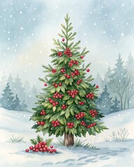watercolor christmas tree in snow