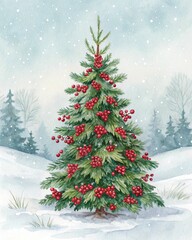 watercolor christmas tree in snow