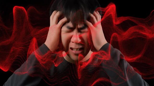 圧迫する赤と黒のデジタル波にのみ込まれる強いストレスの表現
