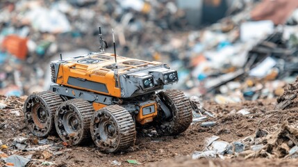 Autonomous robotic vehicle expertly sorts through landfill debris identifying and extracting valuable metals and plastics with precision.