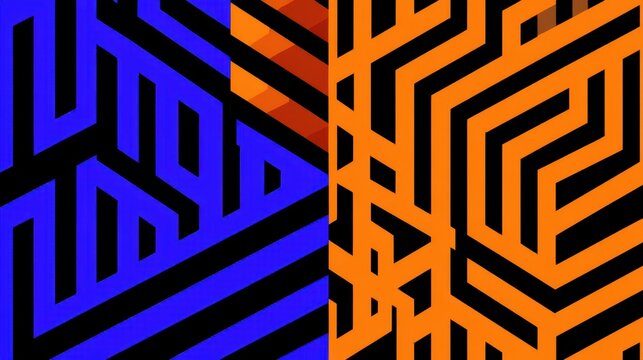 Abstract geometric pattern with blue and orange maze design for modern art, Brain Teaser Month