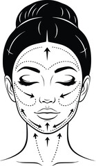 Black and White Vector Icon of Woman&rsquo;s Face with Facial Massage Arrows Representing Skincare and Cosmetic Treatment

