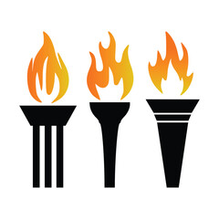  Fire and flame illustration pack — various fire symbol designs for creative projects. stylized torches with bright orange and yellow flames on white background
