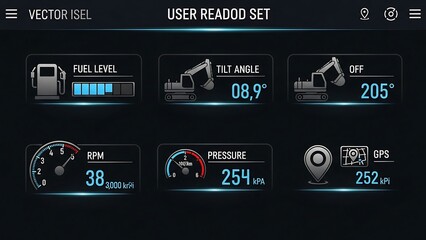 Vehicle Dashboard Displaying Fuel Level, Tilt Angle, RPM, Pressure, and GPS.