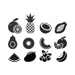 Black fruit icon set for menus, labels, and branding.	