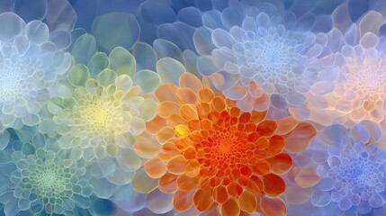 Abstract floral design featuring translucent petals in various warm and cool colors
