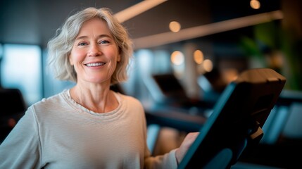 Active senior woman smiling while exercising on cardio machine at the gym