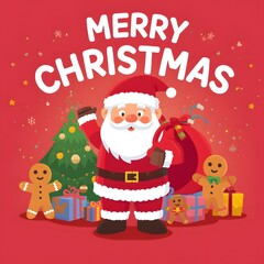 Santa claus with gifts, tree, and gingerbread