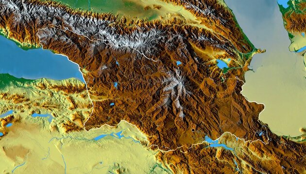 Topographic map of Caucasus with elevation and seas