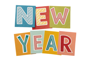 NEW YEAR letters with striped patterns overlapping, isolated on a transparent background
