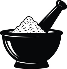 Apothecary Mortar and Pestle Icon with Ground Ingredients: Essential Symbol for Herbal Medicine, Drug Preparation, Culinary Spice Grinding, and Natural Health Products.