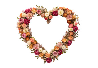 Naklejka premium Heart-shaped floral wreath with roses, dahlias in pink, orange, cream tones, isolated on a transparent background