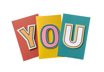 Y O U letters on three colored cards, isolated on a transparent background