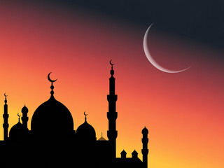 Serene mosque silhouette against vibrant sunset sky, embracing Islamic faith and culture with a crescent moon adding to the spiritual atmosphere