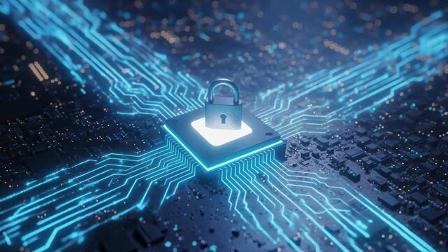 Digital security lock sitting atop a glowing microchip symbolizing data protection and cybersecurity across futuristic circuit board lines