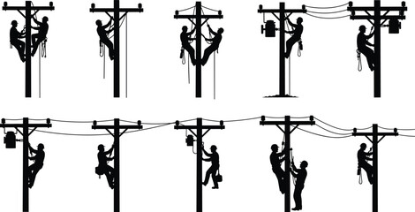 Electrician silhouettes climbing utility poles, linemen working on power lines, maintenance, electricity, black and white vectors, industrial workers.