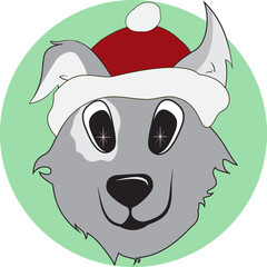 Cute vector cartoon head of a smiling gray Christmas dog wearing a red Santa hat on a green background, perfect for holiday clip art.