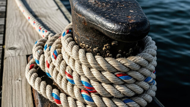 Close up of coiled ship rope secured to dock bollard with water in background. Ship rope wraps securely around sturdy bollard on wooden pier, emphasizing importance of secure mooring for vessels.