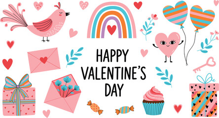 Adorable Happy Valentine's Day Vector Collection with Cute Bird, Rainbow, Heart Balloons, Gift Boxes, Cupcake, and Love Letters, Perfect for Romantic Cards and Holiday Graphics