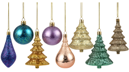 Set of Christmas tree ornaments in assorted metallic colors isolated on white background