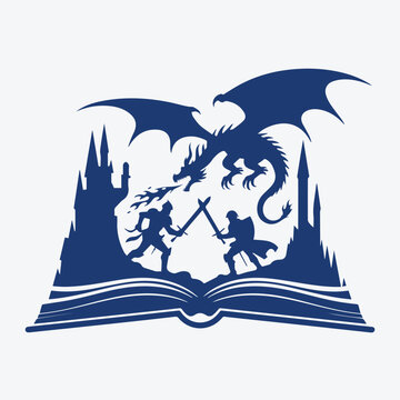 Epic Fantasy Silhouette of Dragon and Knights Fighting on an Open Book