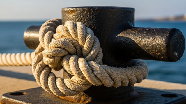 Close up of naval rope knot tied on bollard with vibrant textures against serene ocean background. Naval rope knot showcases intricate weaving, emphasizing maritime details.