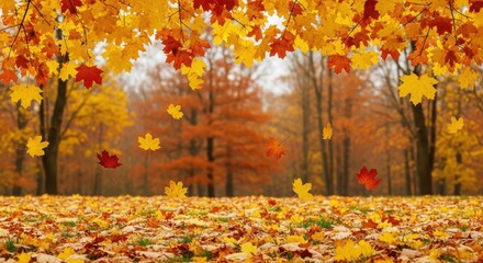 Vibrant Autumn forest landscape with fallen yellow and red leaves creating a colorful frame border