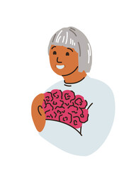 Senior elderly african woman holding a bouquet of flowers, a gift. Happy Women's day, Mother's day spring holiday hand drawn vector illustration.  Simple trendy style, International women day.
