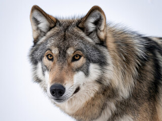Intense gaze of a majestic gray wolf, perfect for wildlife documentaries or conservation campaigns, showing strength and wild beauty, close-up shot