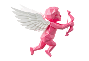Pink geometric cupid with bow and white wings flying, isolated on a transparent background