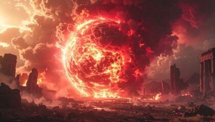 Fiery Sphere and the Ruins of an Ancient Civilization in a Apocalyptic Scene